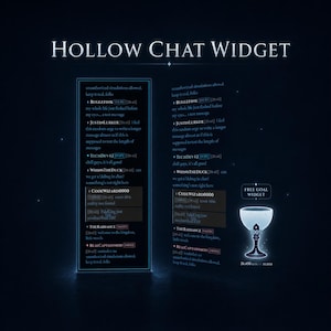 Op de afbeelding: Een digitaal Hollow Chat-widget met een donkerblauwe interface, scrollende tekstberichten van diverse gebruikers zoals CodeWizard0000, en een oplichtend wit kelk-icoon met het label Free Goal Widget en een voortgangsindicator van 100%.