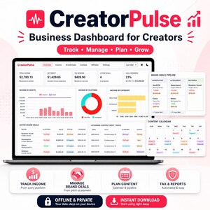 Puede incluir: Una pantalla de portátil muestra el panel de control "CreatorPulse" para creadores. La interfaz muestra ingresos, ofertas de marcas y un calendario de contenido. El panel incluye gráficos y etiquetas de texto.