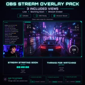 Puede incluir: Un paquete de superposición de transmisión OBS digital con tres vistas: En vivo, Próximamente y Fin de la transmisión. El diseño presenta un estilo neón con texto y colores personalizables. Incluye una escena de juego de carreras.