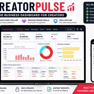 Puede incluir: Un portátil y un smartphone muestran el panel de control CreatorPulse, diseñado para creadores. El panel incluye seguimiento de ingresos, gestión de acuerdos de marca y seguimiento de gastos. La interfaz presenta gráficos y visualizaciones de datos.