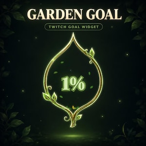 以下が含まれることがあります： GARDEN GOAL TWITCH GOAL WIDGETというタイトルのデジタルグラフィック。ゴールドとグリーンの色合いで、葉の形をした光るフレームが特徴です。フレームの内側には1%という文字がライトグリーンのフォントで表示され、小さな浮遊する葉に囲まれています。