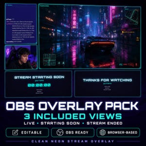 May include: A digital OBS overlay pack featuring a neon blue aesthetic with three distinct views: live gameplay, stream starting soon with a countdown timer, and thanks for watching. Includes editable text fields for social media handles and stream status.