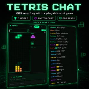 Może przedstawiać: Cyfrowa nakładka OBS Tetris Chat z grywalną minigrą i neonowo-zielonym interfejsem. Wyświetlacz pokazuje siatkę gry, kanał czatu Twitch z poleceniami użytkownika oraz etykiety tekstowe, w tym TETRIS CHAT, 3 MODES i OBS READY.