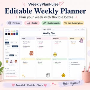Puede incluir: Un planificador semanal editable con un diseño limpio y moderno. El planificador presenta un diseño personalizable con secciones para cada día, incluido espacio para notas y pegatinas. El texto dice "Editable Weekly Planner" y "Plan your week with flexible boxes."
