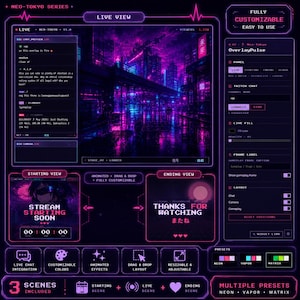 Puede incluir: Una interfaz de superposición digital con un diseño futurista de neón. La interfaz presenta un fondo de paisaje urbano, paneles personalizables y texto que dice "STREAM STARTING SOON" y "THANKS FOR WATCHING".