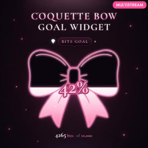 Könnte beinhalten: Eine digitale Grafik mit einer neonpink umrandeten Schleifenform und dem Text COQUETTE BOW GOAL WIDGET oben. In der Mitte der Schleife steht 42% in pinker Schrift, darüber das Label BITS GOAL und unten 4265 bits of 10,000.