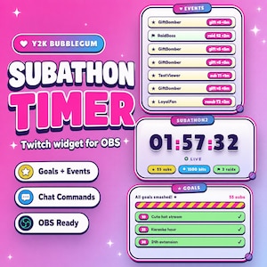 Puede incluir: Un widget de Twitch Y2K Bubblegum subathon timer para OBS con un fondo degradado rosa. La interfaz incluye una lista de eventos, un temporizador de cuenta regresiva digital que muestra 01:57:32 y una sección de objetivos con barras.