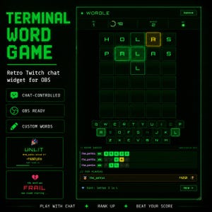 Puede incluir: Una interfaz digital para un juego de palabras tipo terminal con estética verde sobre negro. El diseño incluye una cuadrícula para adivinar palabras, un teclado en pantalla, una lista de intentos recientes de the_pentos y un marcador de 1100 puntos.