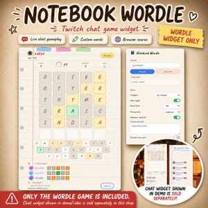 Puede incluir: Un widget de juego de chat de Twitch Notebook Wordle digital que presenta una cuadrícula de fichas de letras, un teclado en pantalla y un panel de configuración. La interfaz muestra rondas de juego, intentos y clasificaciones de jugadores.