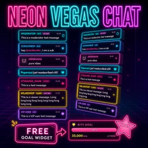 Puede incluir: Un gráfico digital titulado NEON VEGAS CHAT que presenta una serie de cuadros de mensajes de chat con estilo de neón brillante en rosa, azul y amarillo. La pantalla incluye varios roles de usuario como moderador, suscriptor y VIP, junto a una barra.
