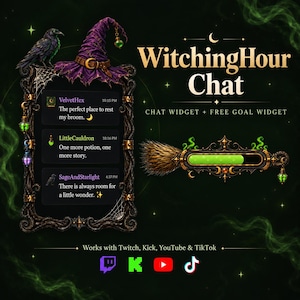 Häxa Twitch Chat Overlay och målwidget Halloween Cauldron Broom Stream Pack för OBS Spooky Animated Chat Box Kick YouTube TikTok