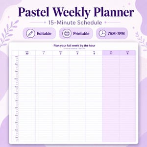 Puede incluir: Un planificador semanal de color lila pastel con el texto "Pastel Weekly Planner" y "15-Minute Schedule". El planificador incluye secciones para cada día de la semana, con franjas horarias de 7 AM a 7 PM. Incluye "Editable" y "Printable".
