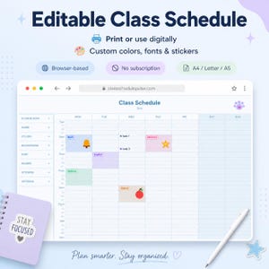 Puede incluir: Una plantilla de horario de clases digital con el texto "Editable Class Schedule". El diseño incluye una interfaz basada en navegador, colores, fuentes y pegatinas personalizadas. Un cuaderno con "Stay Focused" está a la izquierda y un bolígrafo a la derecha.