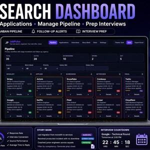 Puede incluir: Una pantalla de portátil muestra un panel de búsqueda de empleo con el texto "Job Search Dashboard". La interfaz rastrea solicitudes, gestiona pipelines y prepara entrevistas. Incluye Kanban, alertas y preparación.
