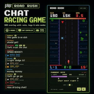 Può includere: Un overlay OBS per il gioco di corse Road Rush in stile pixel art, con una finestra di gioco verticale che mostra punteggio, record e velocità. L'interfaccia include un feed della chat con messaggi, monitoraggio dei voti e controlli.
