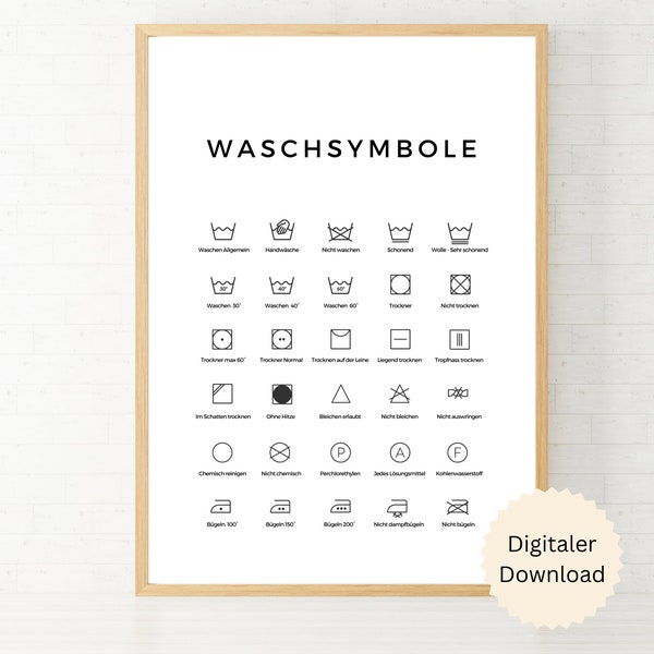 Wäschesymbole | Badezimmer Poster | HWR | Waschraum |  | Waschsymbole | schlicht | Digitaler Download | A4 A3 | schwarz weiß