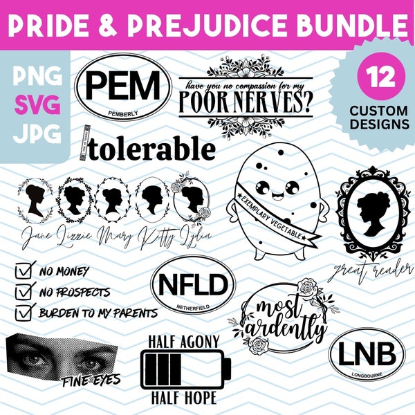 Pride and Prejudice SVG Bundle | Book Lover SVG, PNG files for Shirts and Stickers