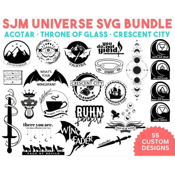 SJM Universe SVG-bundel | ACOTAR, troon van glas, Crescent City kunst voor Cricut, shirts en stickers