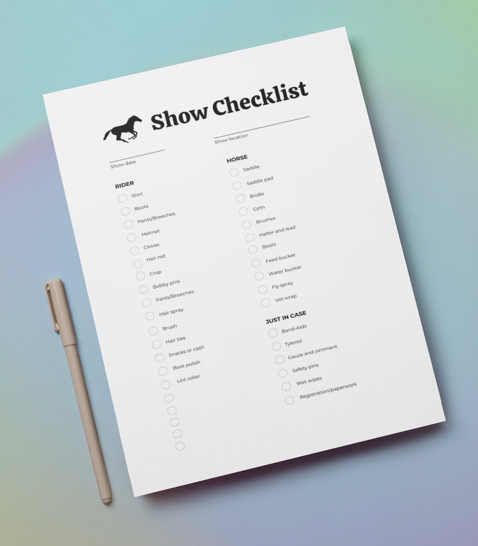 Horse Show Checklist Horse SVG Printable Checklist Instant Download