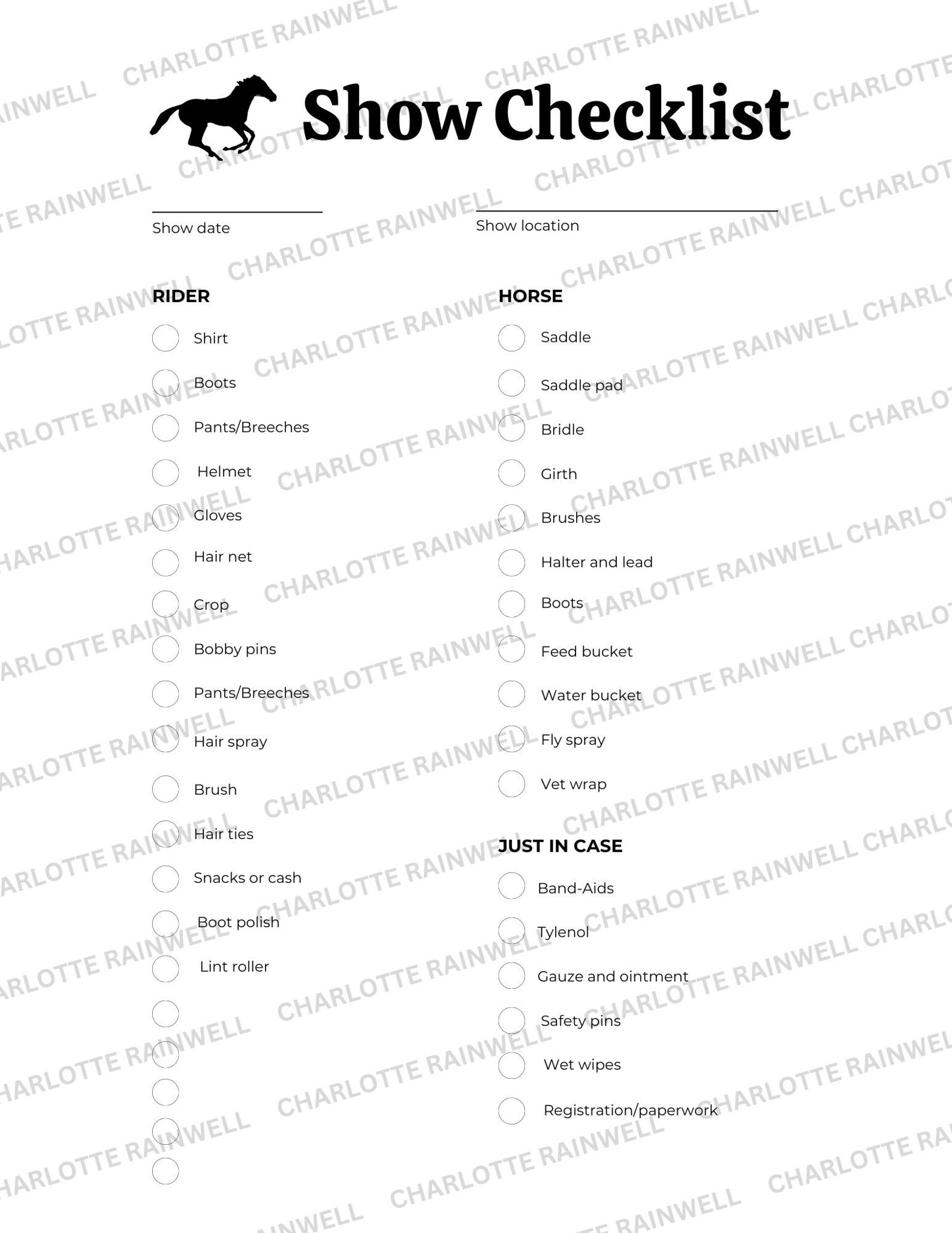 Horse Show Checklist Horse SVG Printable Checklist Instant Download