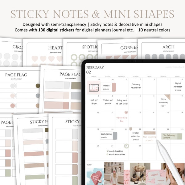 Minimalist Neutral Digital Sticky Notes and Shape Stickers for Digital Planners, Journals, Notebooks, Semi-transparent, Goodnotes Elements