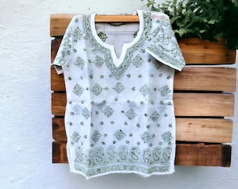 Hand Embroidered Cotton Tunic | Ethnic Chikankari Kurti | Short sleeves vacation outfit