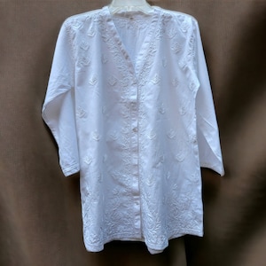 White Cotton Chikankari Tunic | Hand Embroidered Short Kurti, Button-Front Shirt