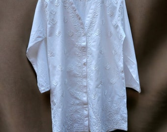 White Cotton Chikankari Tunic | Hand Embroidered Short Kurti, Button-Front Shirt