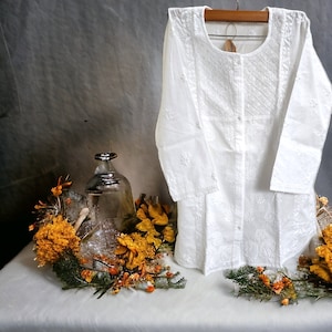 Hand Embroidered Chikankari Kurti, White Cotton Tunic, Indian Top