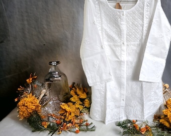 Hand Embroidered Chikankari Kurti, White Cotton Tunic, Indian Top