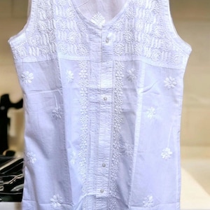 Soft white linen short tunic kurti for woman| Chikankari kurta, Indian tunic, ethnic clothing, 100% cotton tunic, sleeveless plus size top