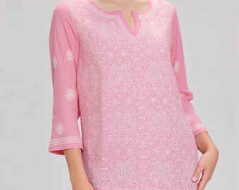 Hand Embroidered Cotton Kurti Top, Lucknow Chikankari Summer Apparel XXL