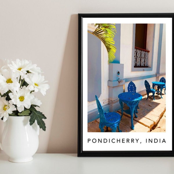 French Quarter Pondicherry Poster | Blue Cafe Tables and Chairs | 2 Sizes Available