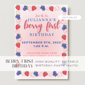 Editable Berry First Birthday Invitation, Canva, Printable Invitation, 1st Birthday Invitation, Strawberry, Blueberry, Evite
