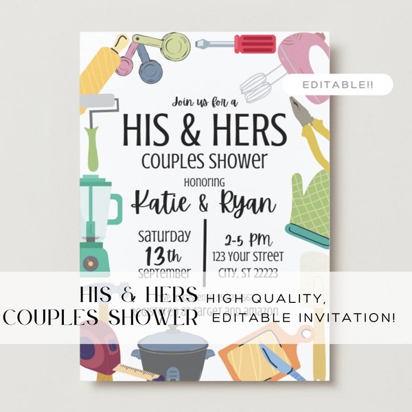 His & Hers Couples Shower Invitation, Editable Invitation, Couples Wedding Shower, Tools Shower, Kitchen Shower, Joint Shower Invitation