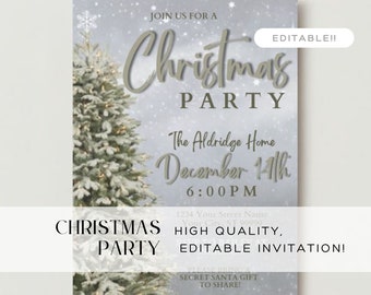 Könnte beinhalten: Editierbare Weihnachtsfeier-Einladung mit schneebedecktem Hintergrund und einem geschmückten Weihnachtsbaum. Die Einladung enthält den Text "Join us for a Christmas Party", "The Aldridge Home", "December 14th", "6:00PM" und "Bitte bringen Sie ein Secret Santa Geschenk zum Teilen mit!"