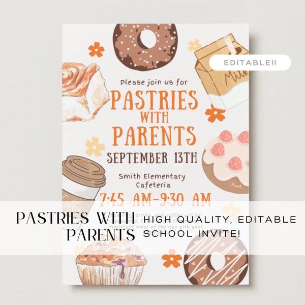 Pastries with Parents, School Parents Day, Parents Breakfast, School Fundraiser, Printable Invitation, Digital Flyer, PTO Fundraiser