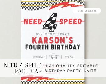 Need Four Speed Birthday Invitation, 4th Birthday Party Invitation, Fourth Birthday, Red Race Car Invitation, Editable Invitation