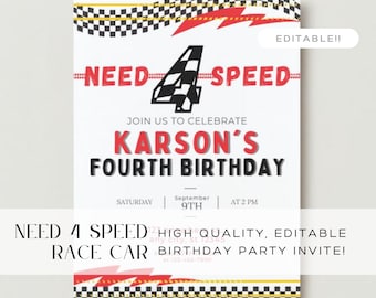 Invitación de cumpleaños de Need for Speed, invitación para fiesta de cuarto cumpleaños, cuarto cumpleaños, invitación de coche de carreras rojo, invitación editable