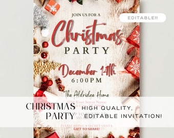 Könnte beinhalten: Editierbare Weihnachtsfeier-Einladung mit rustikalem Holz-Hintergrund und roten und goldenen Ornamenten. Der Text lautet "Join us for a Christmas Party, December 14th, 6:00 PM, The Aldridge Home, 1234 Your Street Name, 555.  Christmas High Quality, Party Editable Invitation! Bitte bringen Sie ein Secret Santa Geschenk zum Teilen mit!"