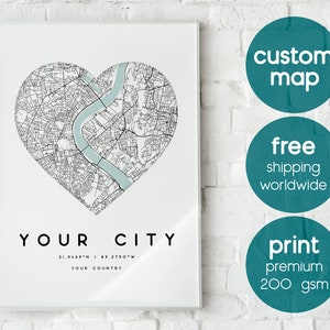 Benutzerdefinierte Stadtplan Straßenkarte Kunstdruck und Rahmen Personalisiertes Geschenk für Ihn Ihre Wandkunst Wohnkultur Poster Herz Liebe Map Print