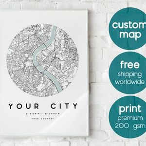 Woonplaats stratenplan poster aangepaste stadskaart kunstdruk en lijst gepersonaliseerd cadeau voor hem Haar muurkunst Home Decor poster cirkel kaart afdrukken
