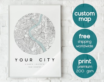 Hometown Street Map Poster Custom City Map Art Print and Frame Personalized Gift for Him Her Wall Art Home Decor Poster Circle Map Print