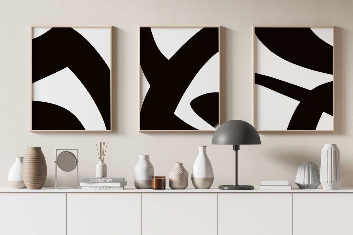 Modern Simple Minimal Gallery Wall Art Set of 3 Abstract Art Black and ...
