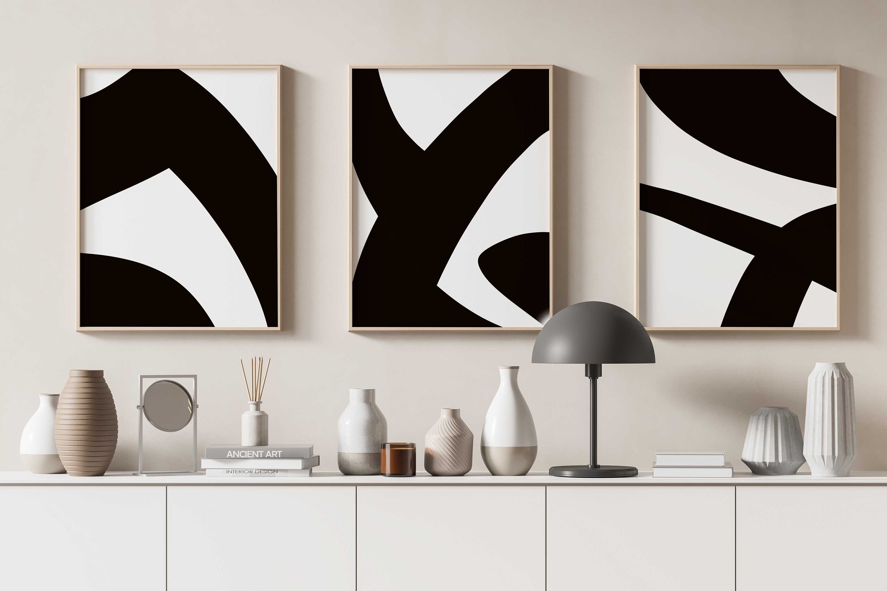 Modern Simple Minimal Gallery Wall Art Set of 3 Abstract Art Black and ...