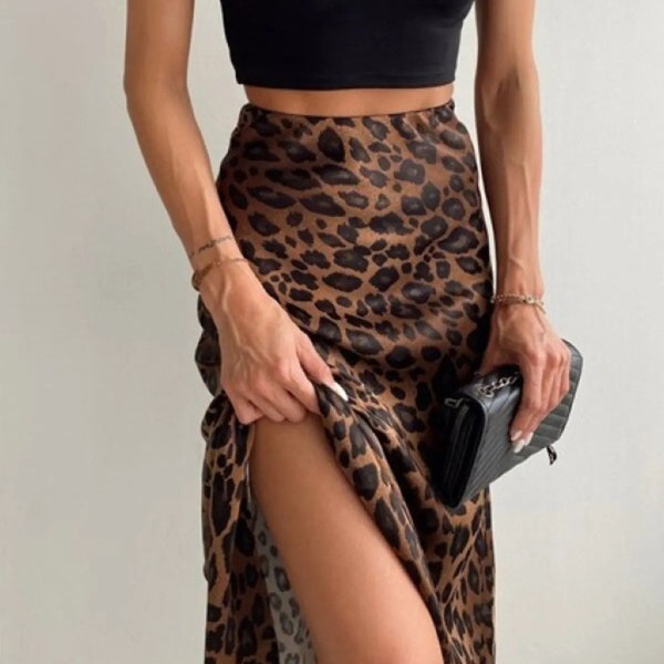 Trend Leopard Pattern Satin Midi Length Brown Skirt