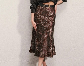 Summer Leopard Pattern Satin Maxi Lenght Sexy Skirt, Daily Summer Skirt, Basic Summer Skirt, Unique Sexy Leopard Pattern Satin Skirt