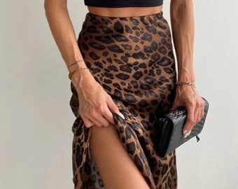 Trend Leopard Pattern Satin Midi Length Brown Skirt