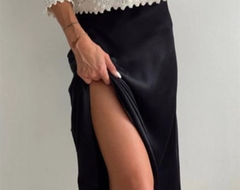 Satin Viscose Midi Length Black Skirt, Black Satin Mid-calf Length Christmas Skirt, Stylish Black Satin Long Skirt with deep slit