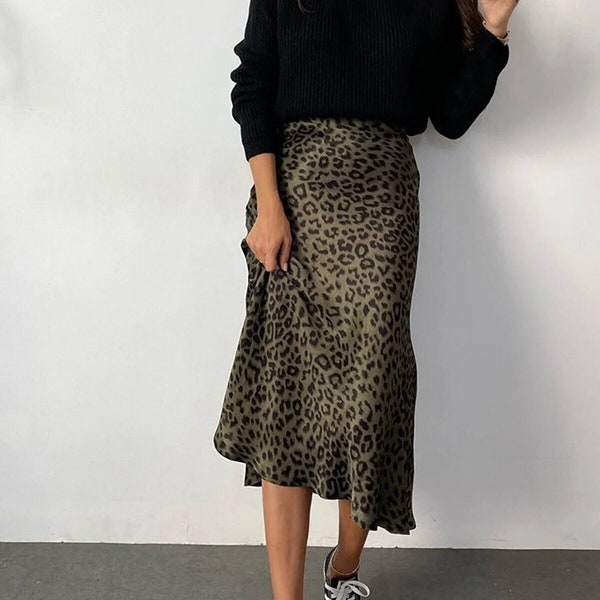 Leopard Pattern Satin Midi Green Skirt, Stylish Christmas Skirt, Satin Long Trend Skirt